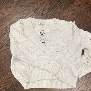 IRO Cream Distressed V-Neck Sweater